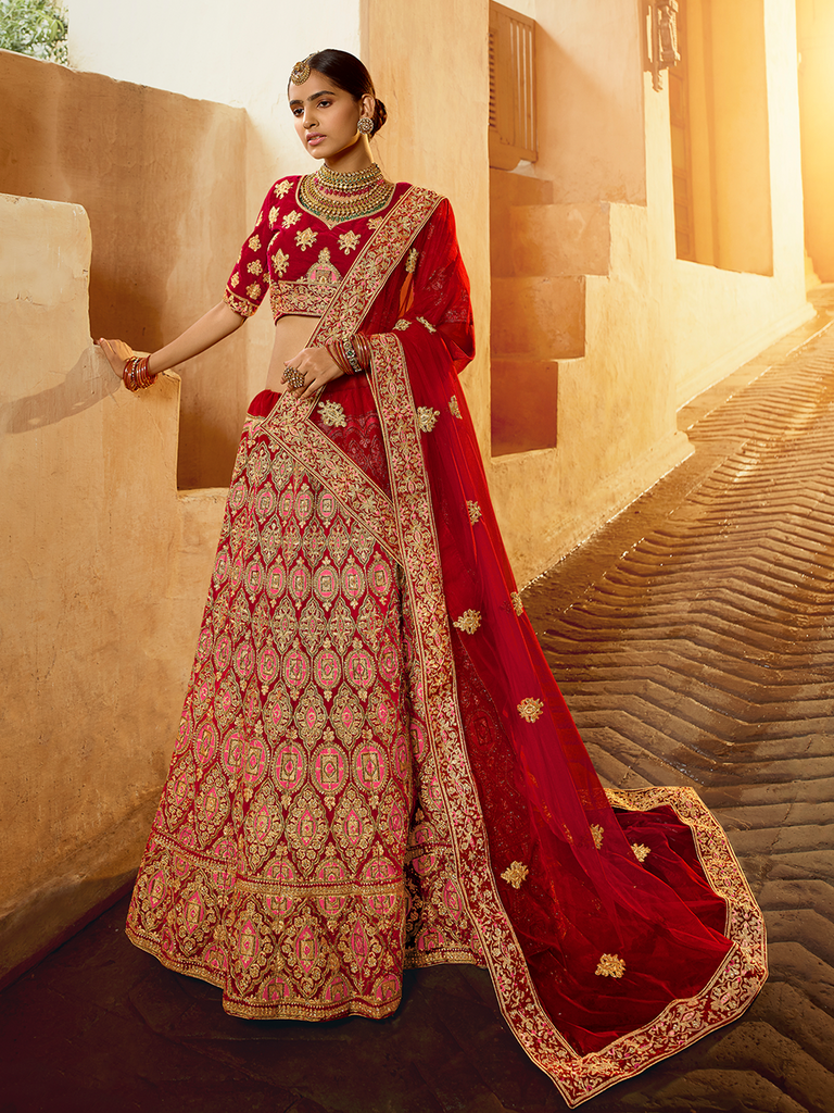 Red Velvet Semi Stitched Lehenga With Unstitched Blouse Clothsvilla