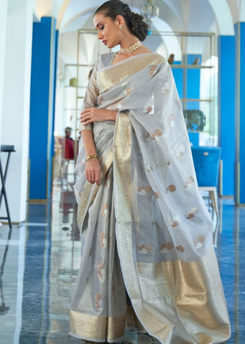 Cloudy Grey Zari Woven Organza Silk Saree Clothsvilla