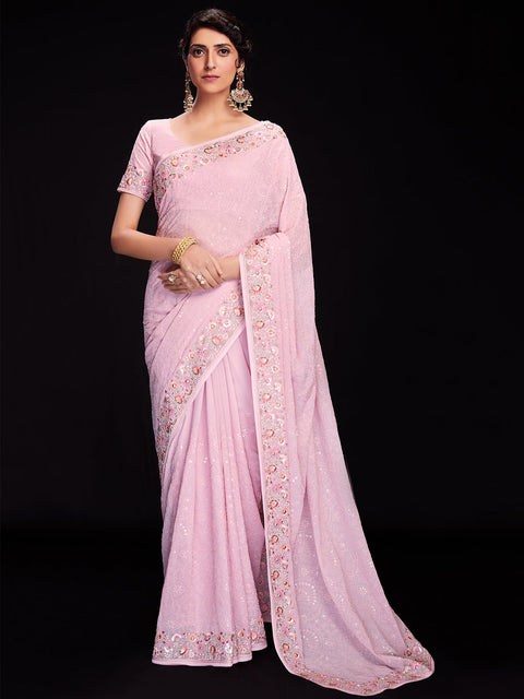 Pink Georgette Embroidered Saree With Unstitched Blouse Clothsvilla Main image