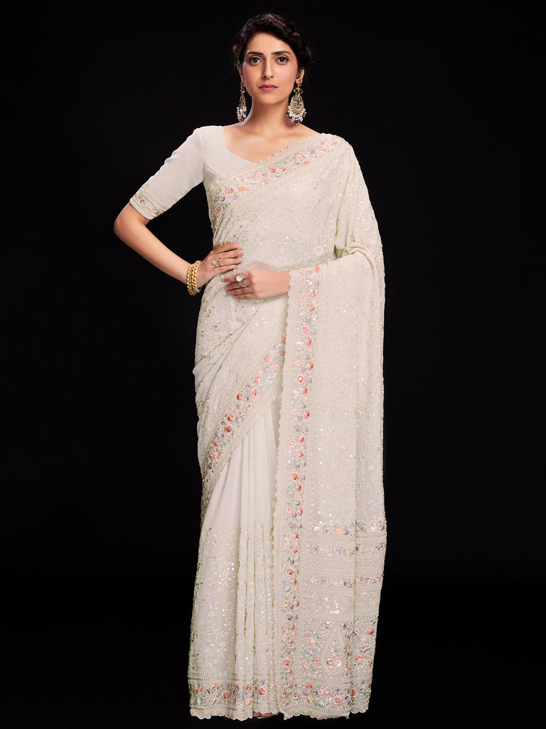 White Georgette Embroidered Saree With Unstitched Blouse Clothsvilla