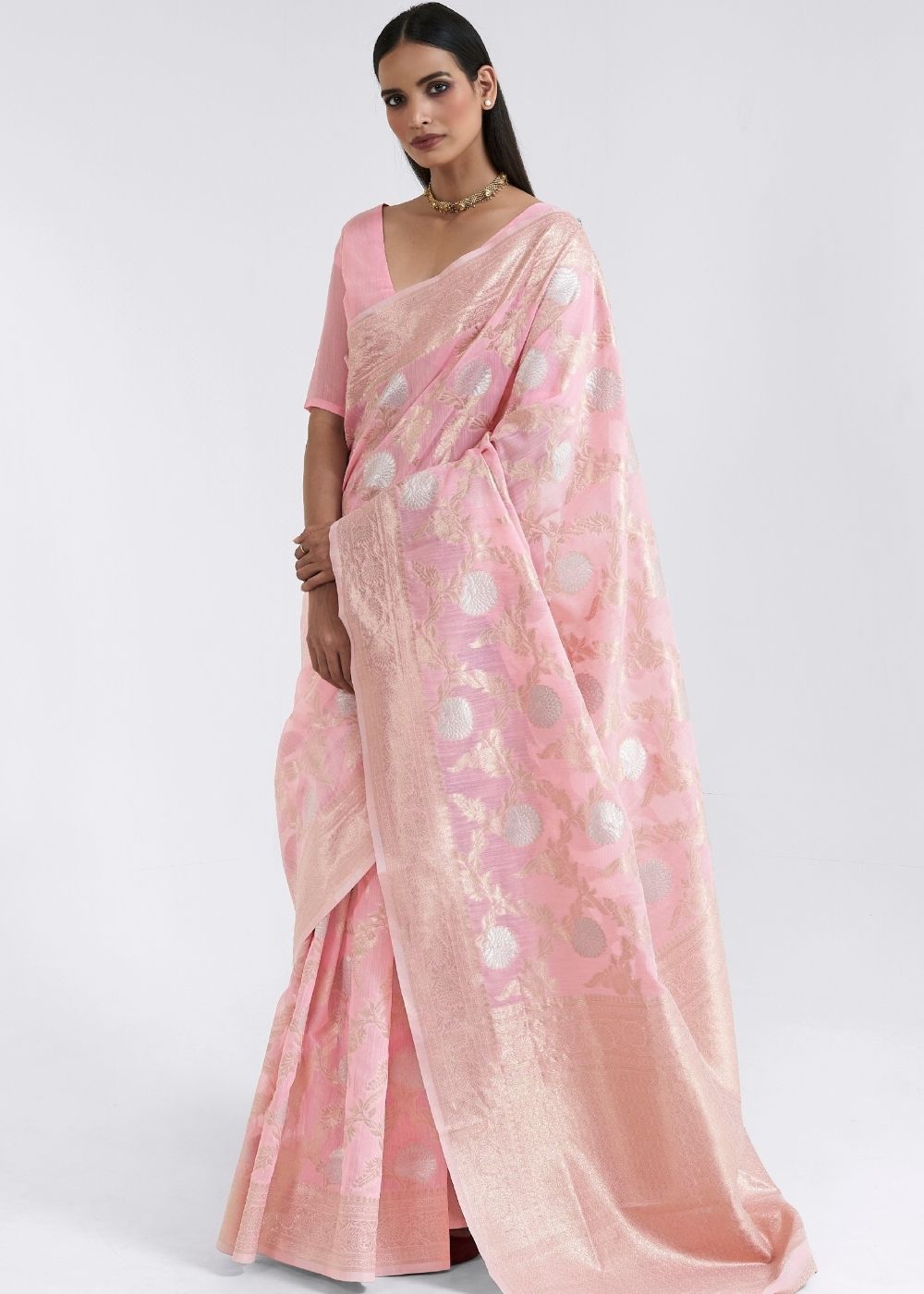 Rose Pink Zari Woven Linen Silk Saree Clothsvilla Main image