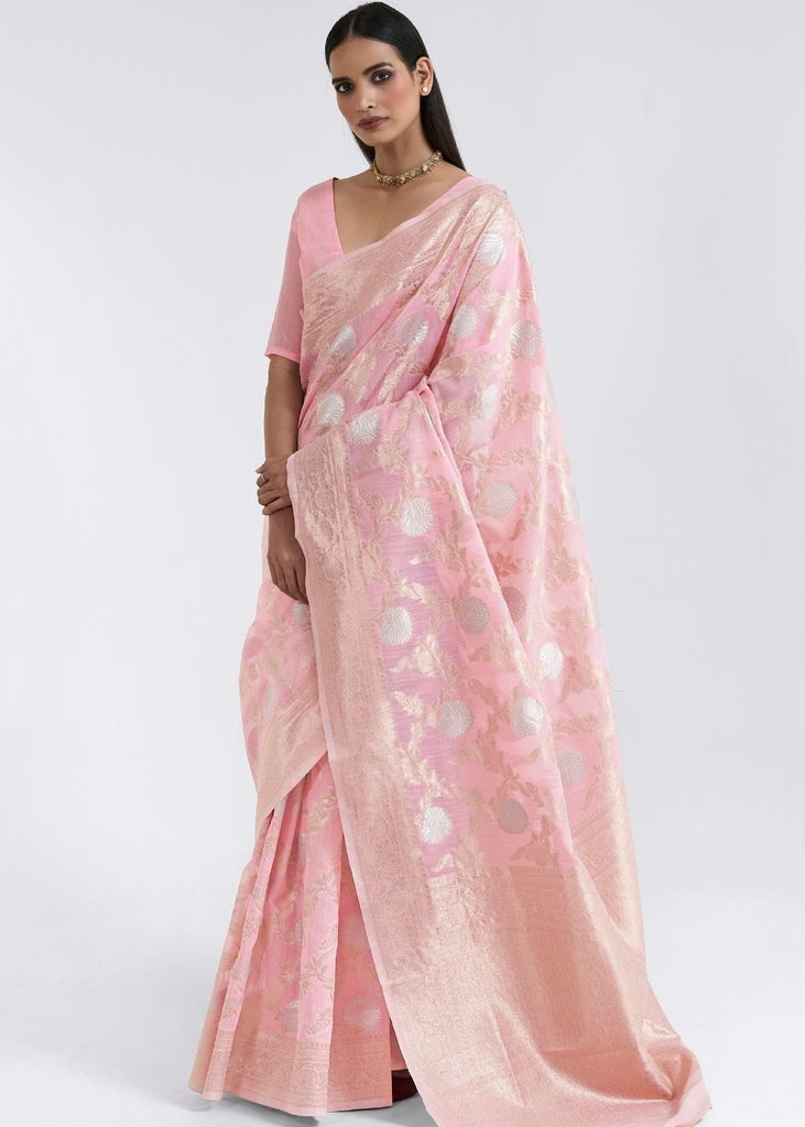 Rose Pink Zari Woven Linen Silk Saree Clothsvilla