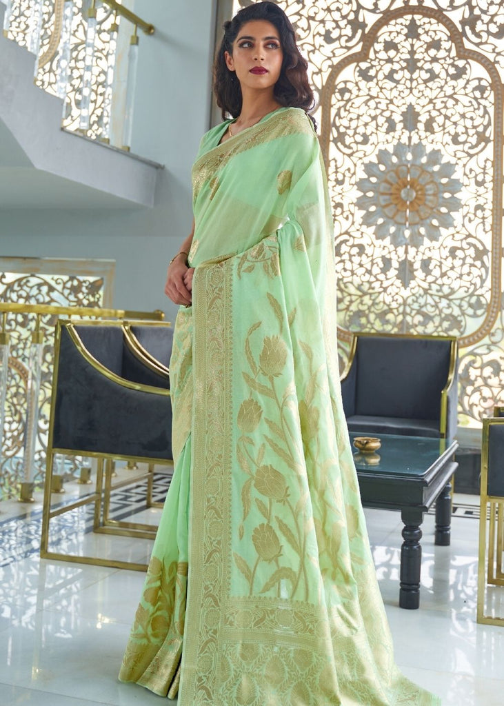 Mint Green Zari Woven Banarasi Satin Silk Saree – Armima