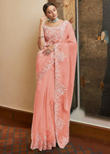 Load image into Gallery viewer, PEACH PINK ORGANZA SAREE WITH SEQUINS, RESHAM &amp; CUT-WORK Clothsvilla