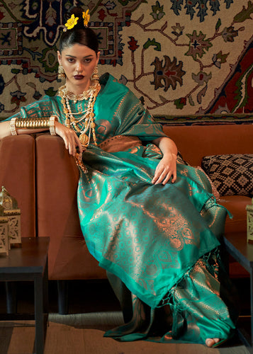 Turtle Green Copper Zari Handloom Weaving Silk Saree Clothsvilla