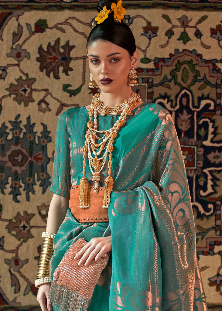 Turtle Green Copper Zari Handloom Weaving Silk Saree Clothsvilla
