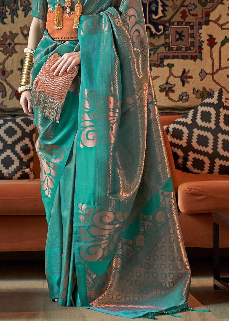 Turtle Green Copper Zari Handloom Weaving Silk Saree Clothsvilla