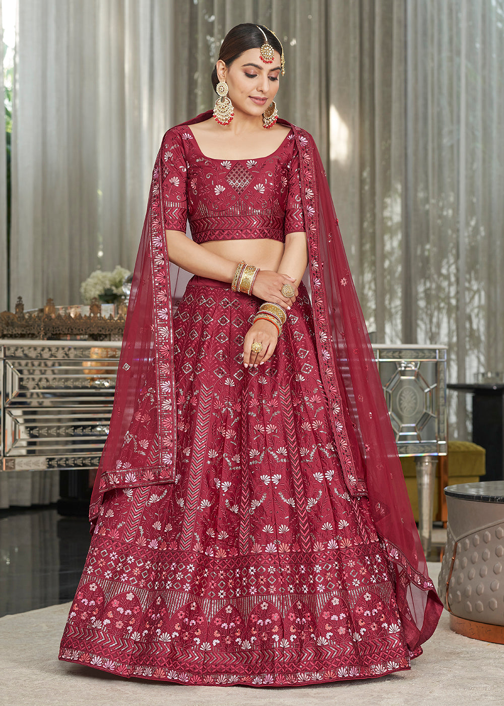Maroon Multi Sequins & Thread Wedding A Line Lehenga Clothsvilla
