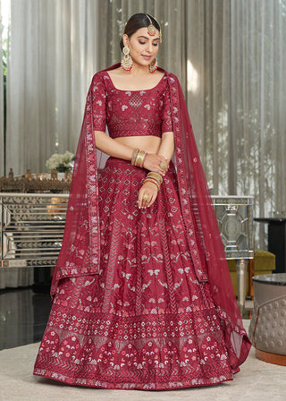 Maroon Multi Sequins & Thread Wedding A Line Lehenga Clothsvilla