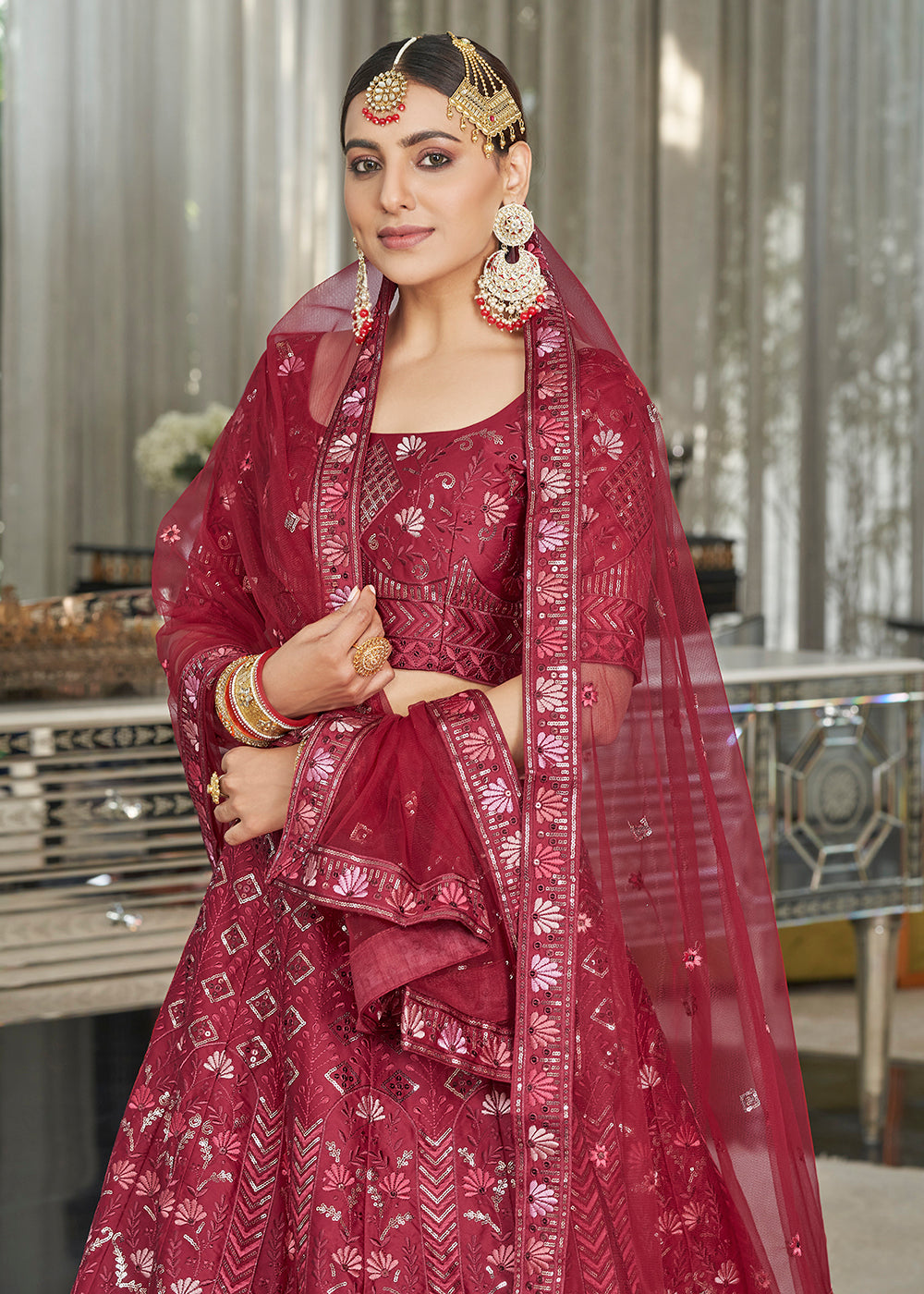 Maroon Multi Sequins & Thread Wedding A Line Lehenga Clothsvilla