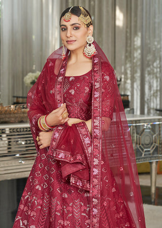 Maroon Multi Sequins & Thread Wedding A Line Lehenga Clothsvilla