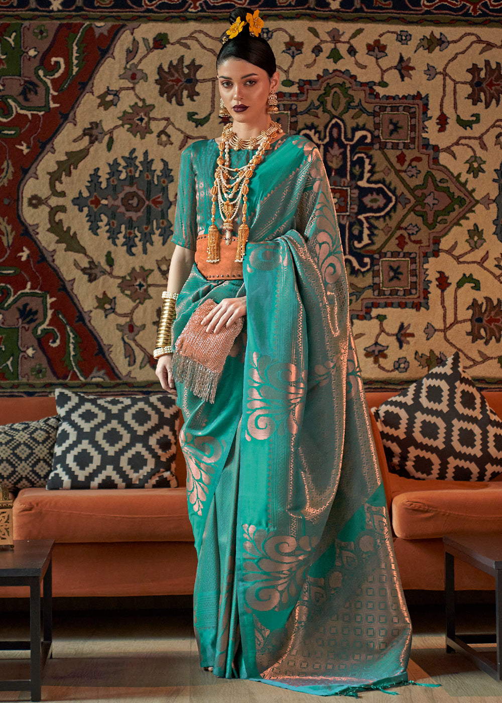 Turtle Green Copper Zari Handloom Weaving Silk Saree Clothsvilla