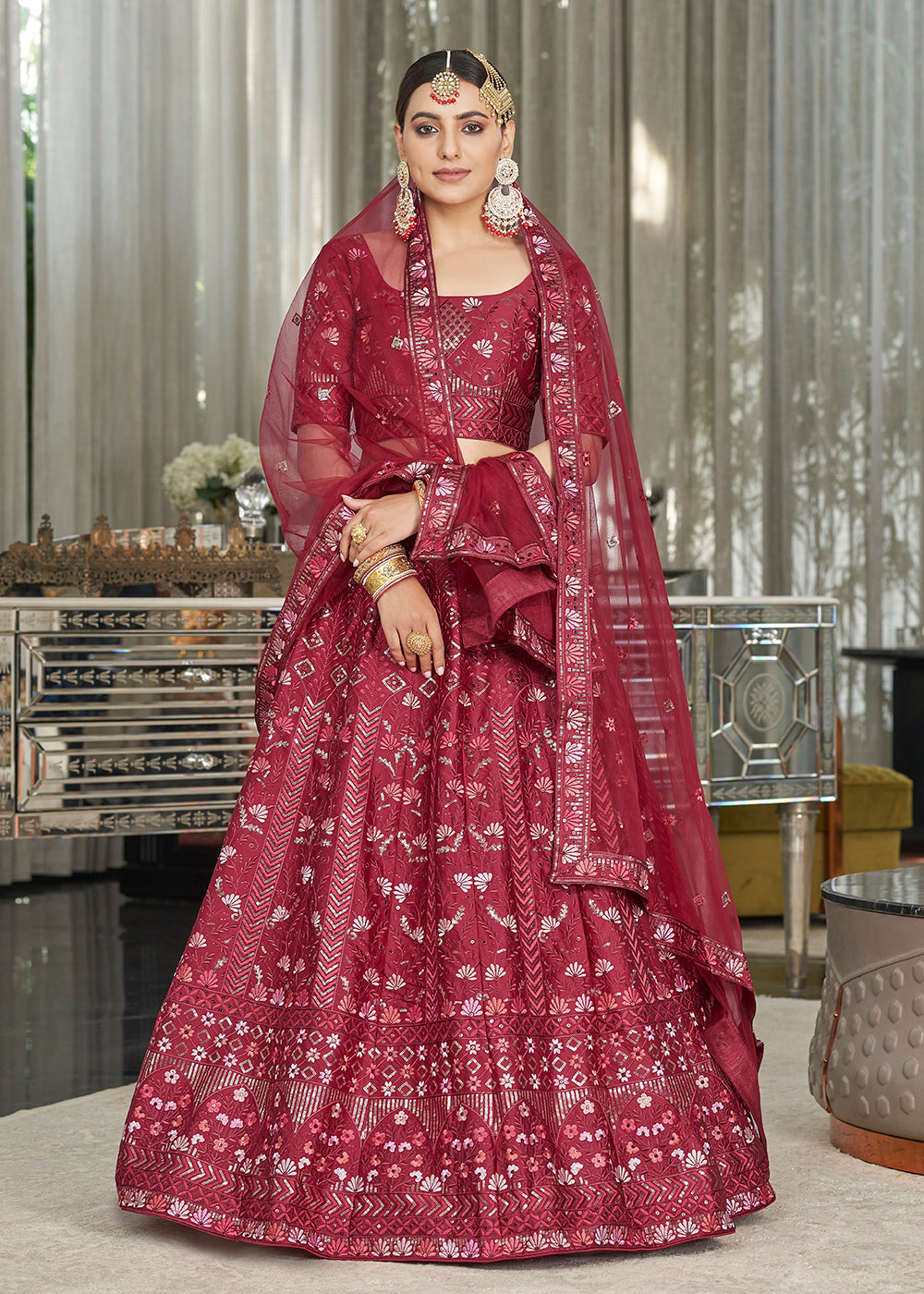 Maroon Multi Sequins & Thread Wedding A Line Lehenga Clothsvilla