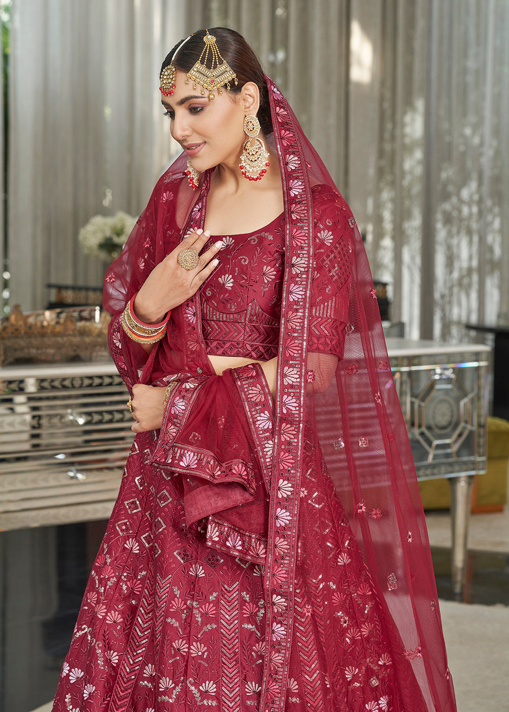 Maroon Multi Sequins & Thread Wedding A Line Lehenga Clothsvilla