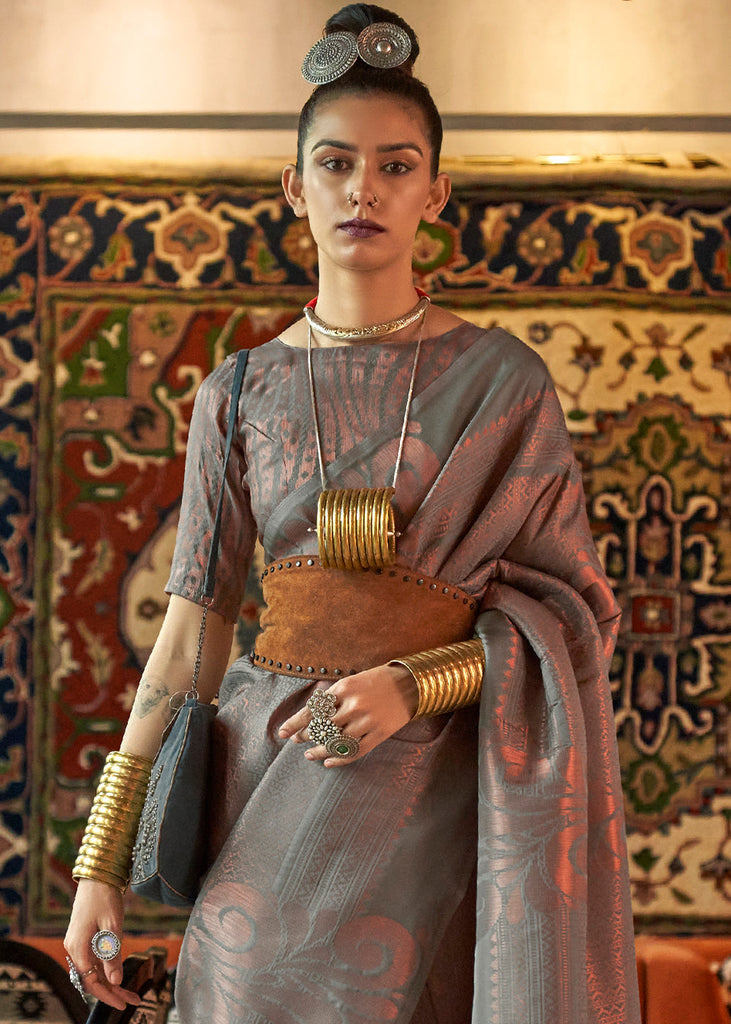 Seal Grey Copper Zari Handloom Weaving Silk Saree Clothsvilla