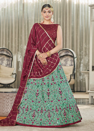 Green & Maroon Multi Sequins & Thread Wedding A Line Lehenga Clothsvilla