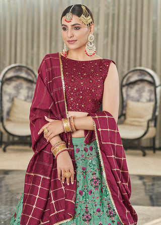 Green & Maroon Multi Sequins & Thread Wedding A Line Lehenga Clothsvilla