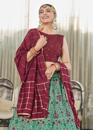 Green & Maroon Multi Sequins & Thread Wedding A Line Lehenga Clothsvilla
