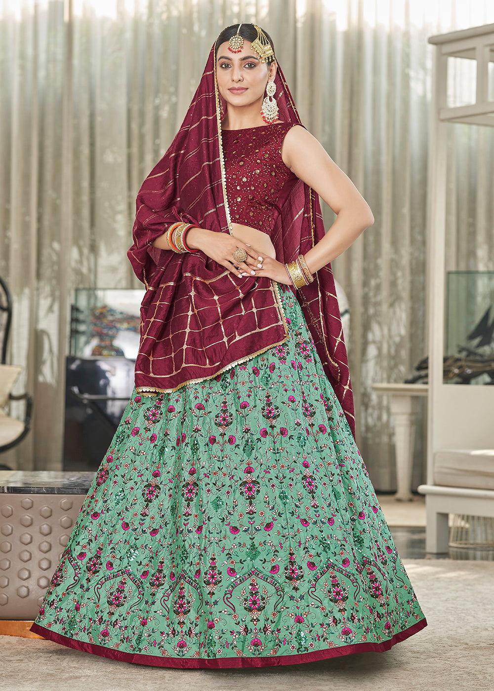 Green & Maroon Multi Sequins & Thread Wedding A Line Lehenga Clothsvilla