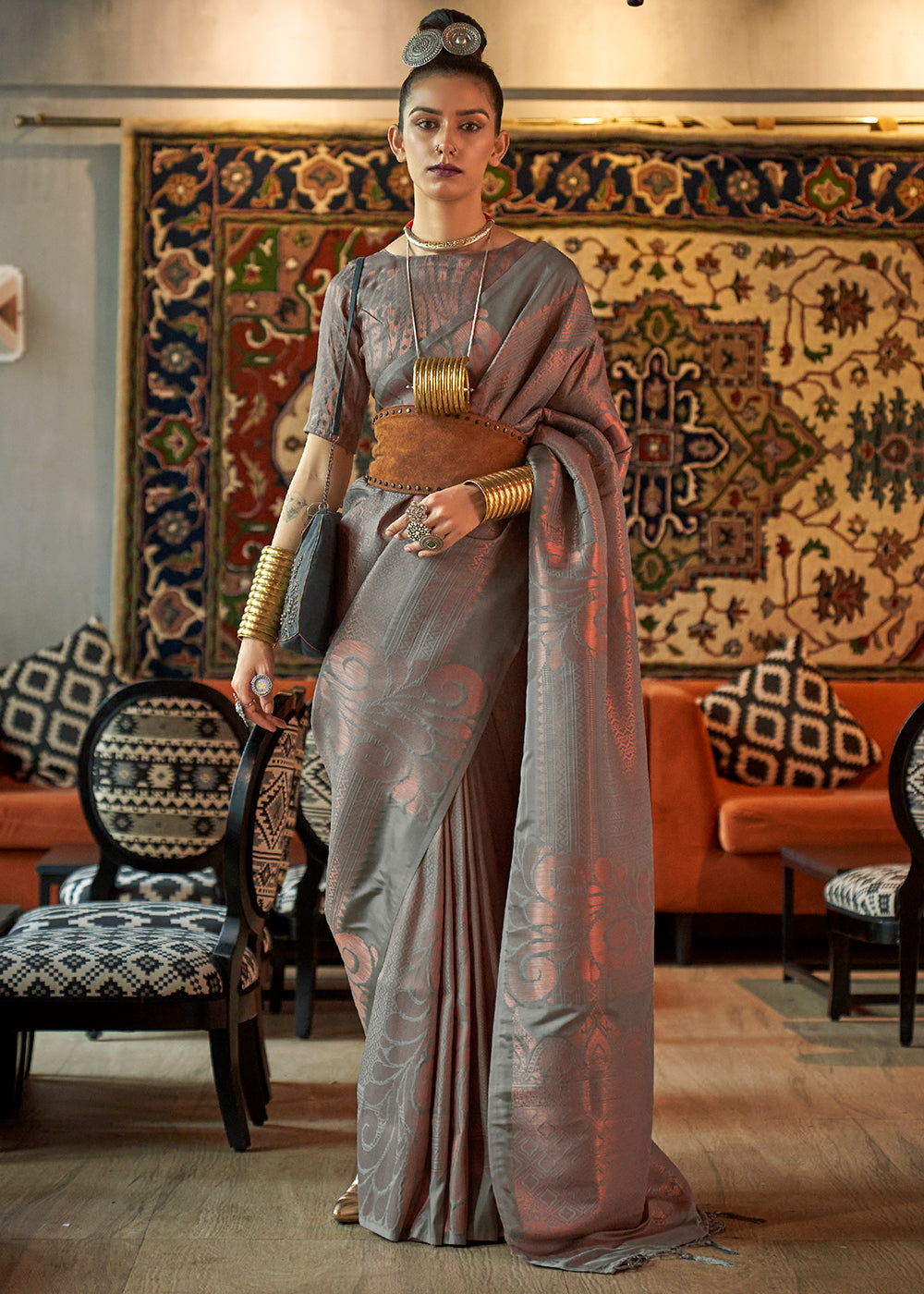 Seal Grey Copper Zari Handloom Weaving Silk Saree Clothsvilla Main image