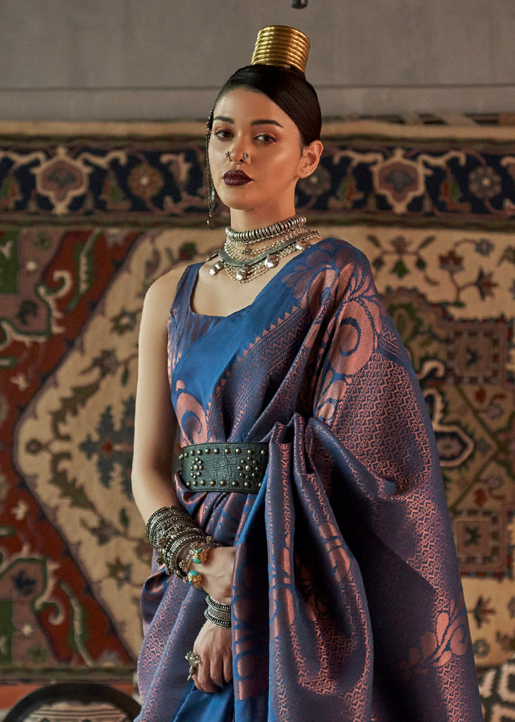 Royal Blue Copper Zari Handloom Weaving Silk Saree Clothsvilla