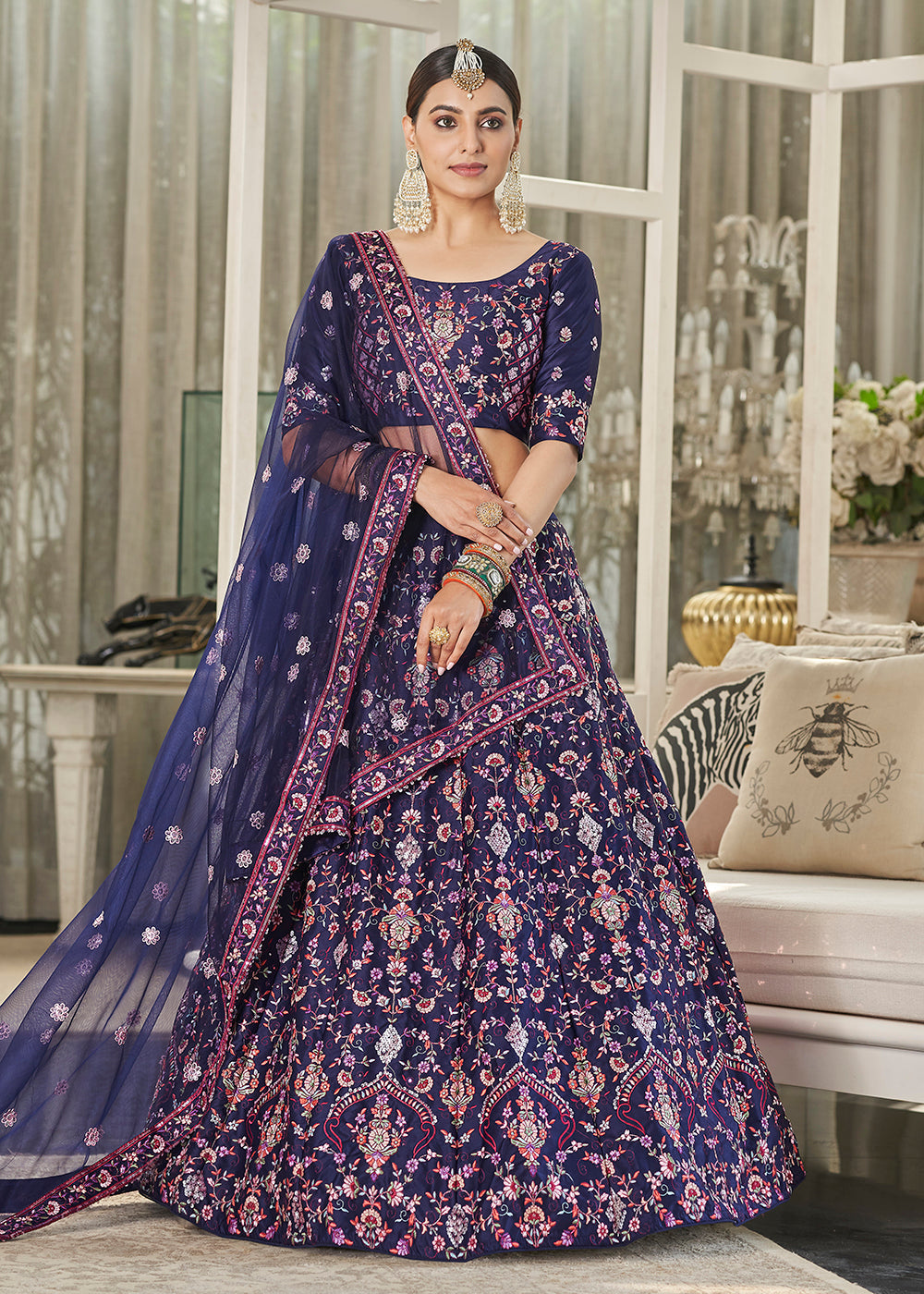 Navy Blue Multi Sequins & Thread Wedding A Line Lehenga Clothsvilla
