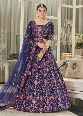 Navy Blue Multi Sequins & Thread Wedding A Line Lehenga Clothsvilla
