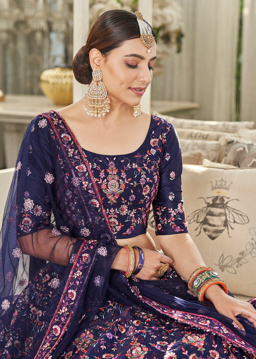 Navy Blue Multi Sequins & Thread Wedding A Line Lehenga Clothsvilla