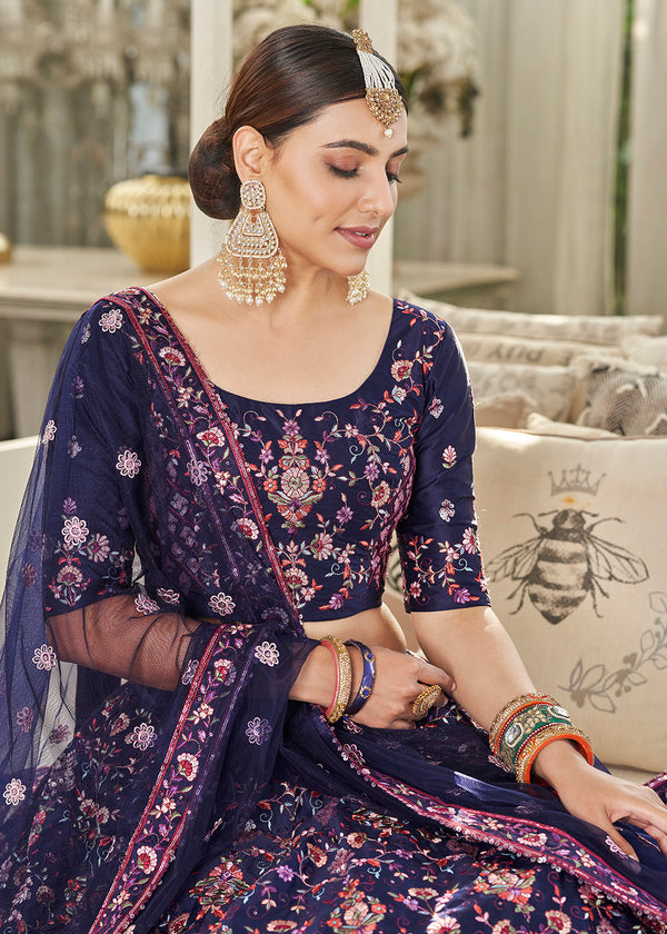 Navy Blue Multi Sequins & Thread Wedding A Line Lehenga Clothsvilla