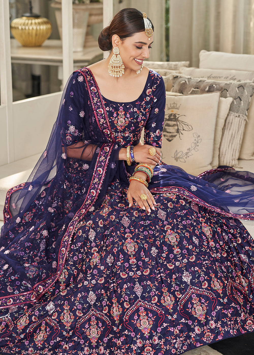 Navy Blue Multi Sequins & Thread Wedding A Line Lehenga Clothsvilla