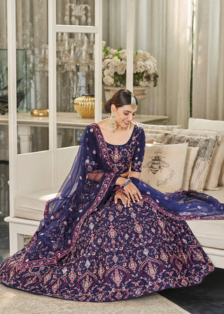 Navy Blue Multi Sequins & Thread Wedding A Line Lehenga Clothsvilla
