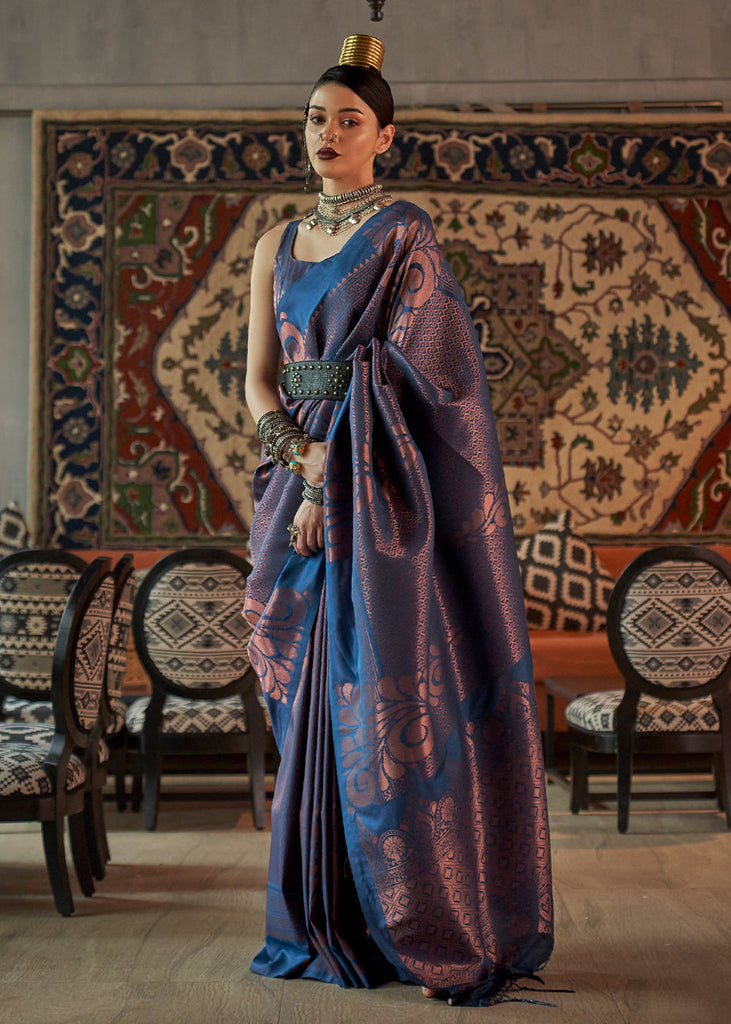 Royal Blue Copper Zari Handloom Weaving Silk Saree Clothsvilla