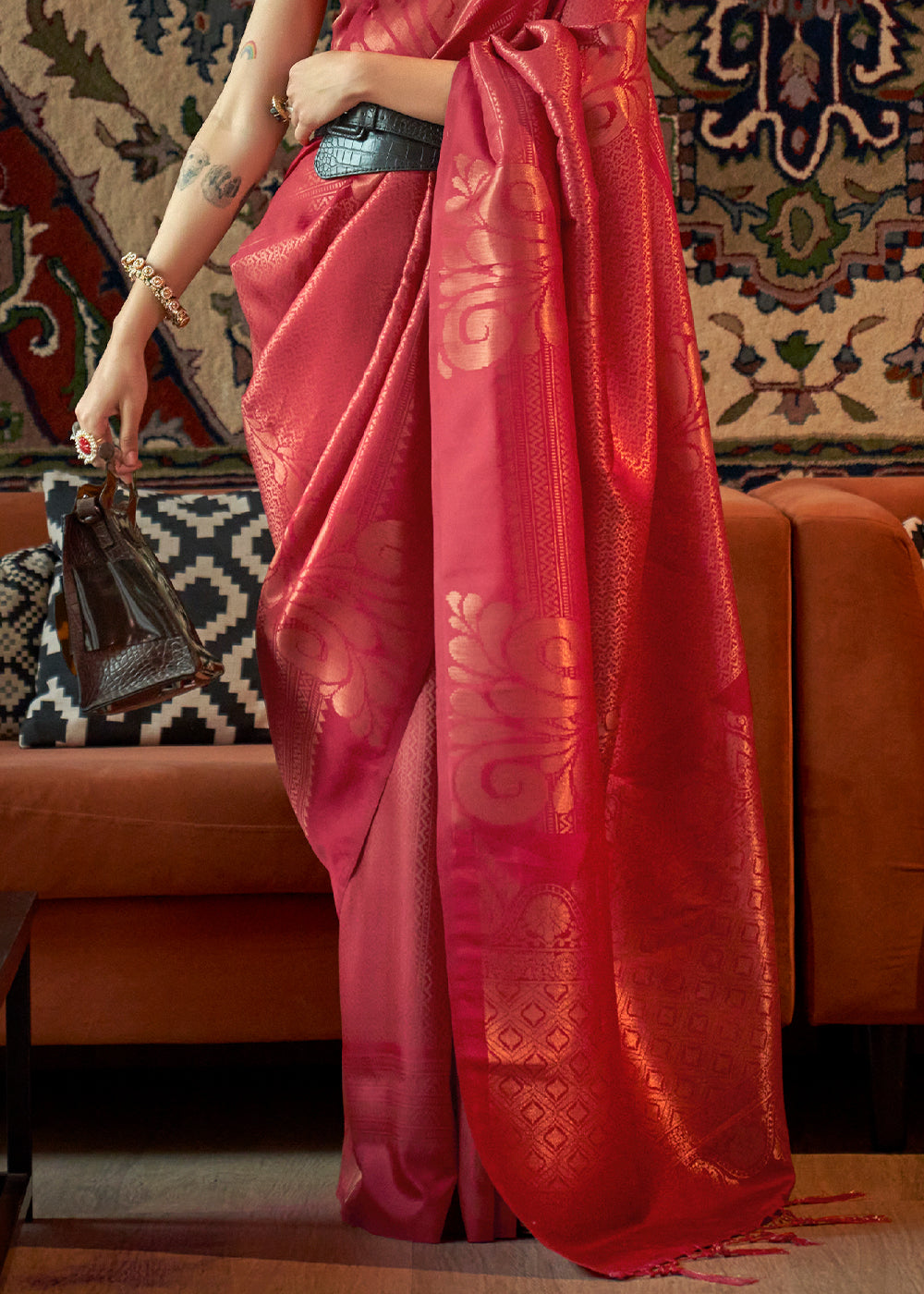 Rufous Red Copper Zari Handloom Weaving Silk Saree Clothsvilla