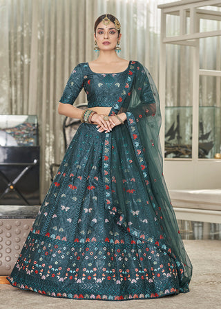 Teal Green Multi Sequins & Thread Wedding A Line Lehenga Clothsvilla