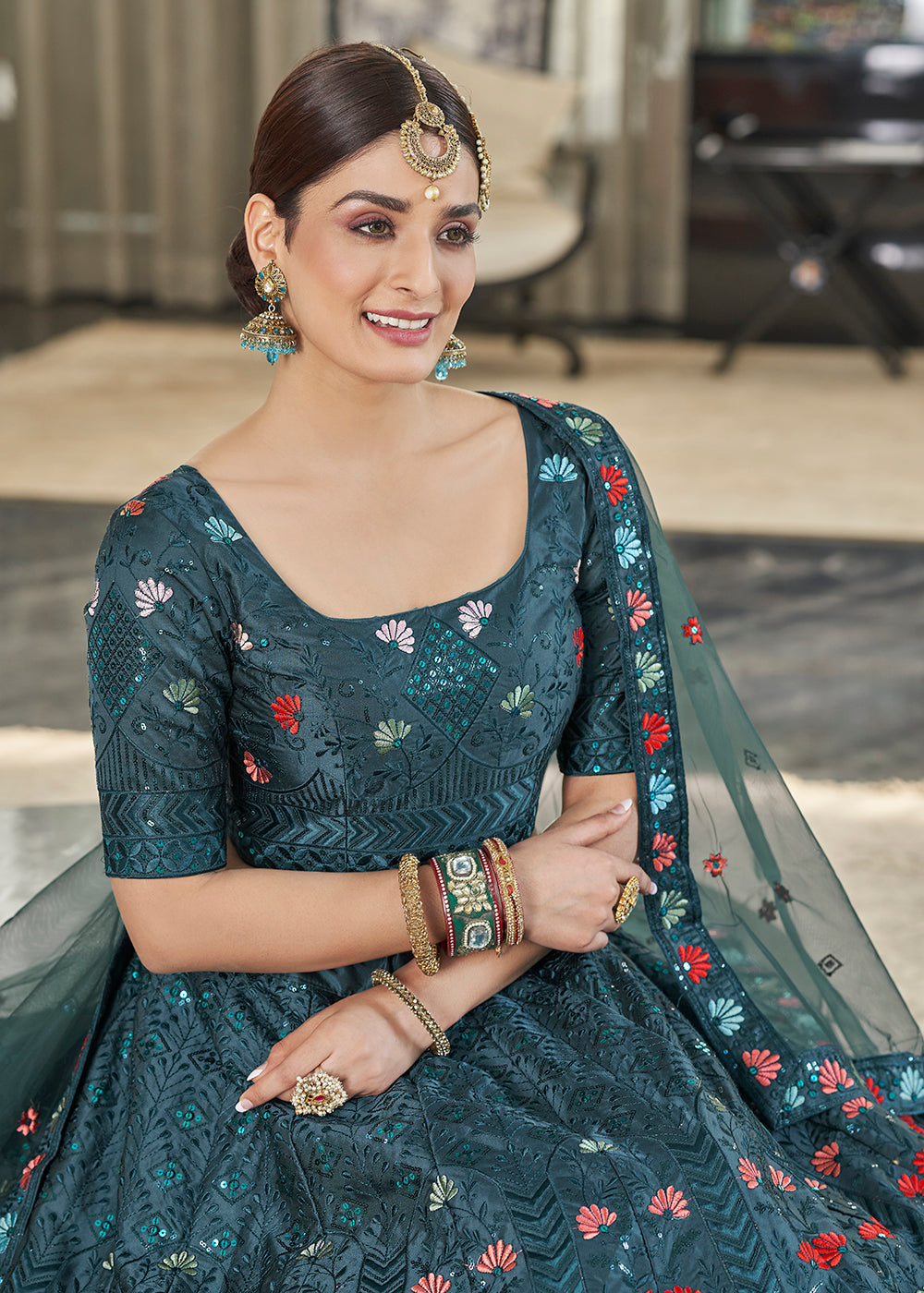 Teal Green Multi Sequins & Thread Wedding A Line Lehenga Clothsvilla