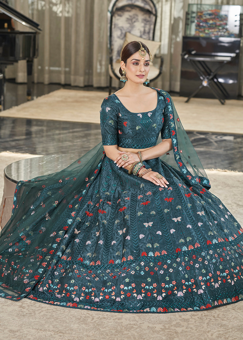 Teal Green Multi Sequins & Thread Wedding A Line Lehenga Clothsvilla