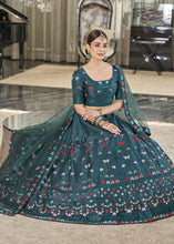 Load image into Gallery viewer, Teal Green Multi Sequins &amp; Thread Wedding A Line Lehenga Clothsvilla