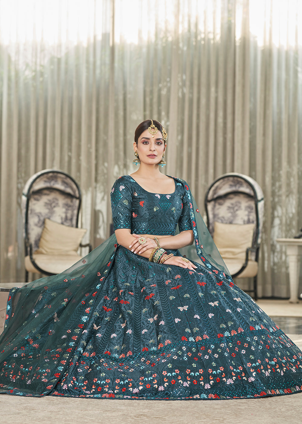 Teal Green Multi Sequins & Thread Wedding A Line Lehenga Clothsvilla