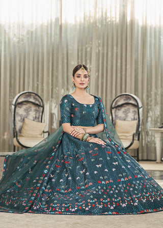 Teal Green Multi Sequins & Thread Wedding A Line Lehenga Clothsvilla