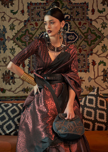 Charcoal Black Copper Zari Handloom Weaving Silk Saree Clothsvilla