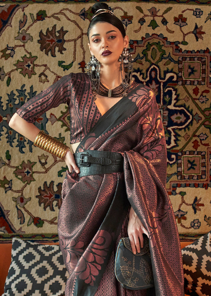 Charcoal Black Copper Zari Handloom Weaving Silk Saree Clothsvilla