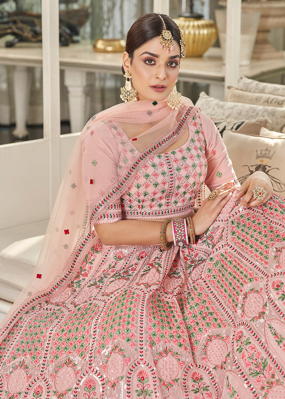 Pink Multi Sequins & Thread Wedding A Line Lehenga Clothsvilla