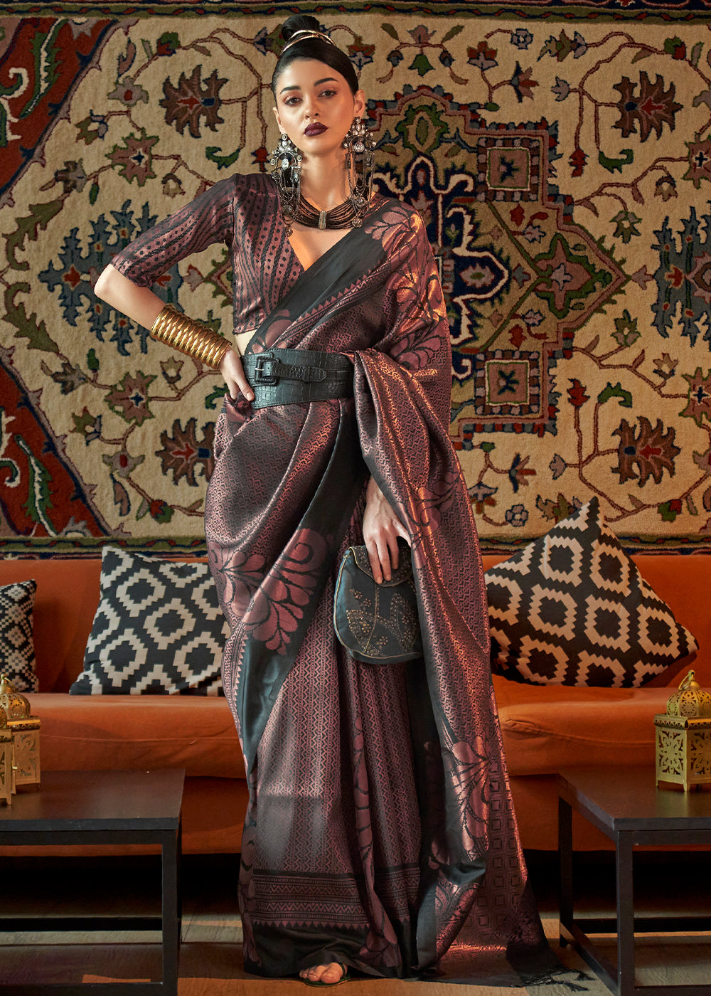 Charcoal Black Copper Zari Handloom Weaving Silk Saree Clothsvilla Main image