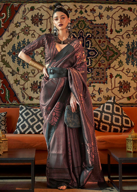Charcoal Black Copper Zari Handloom Weaving Silk Saree Clothsvilla Main image