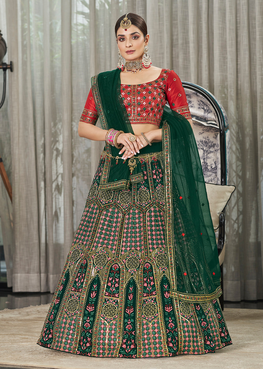 Green & Red Multi Sequins & Thread Wedding A Line Lehenga Clothsvilla