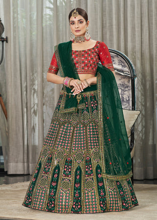 Green & Red Multi Sequins & Thread Wedding A Line Lehenga Clothsvilla