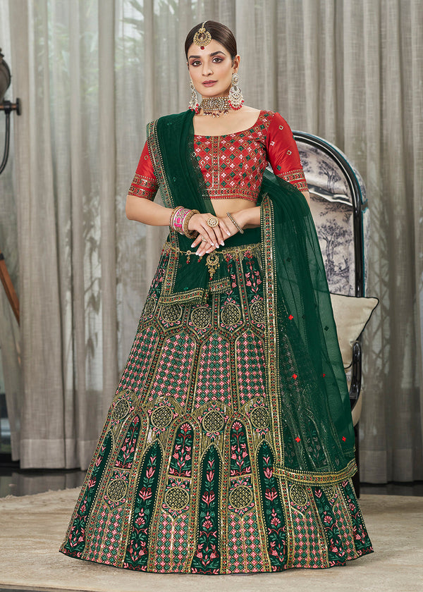 Green & Red Multi Sequins & Thread Wedding A Line Lehenga Clothsvilla