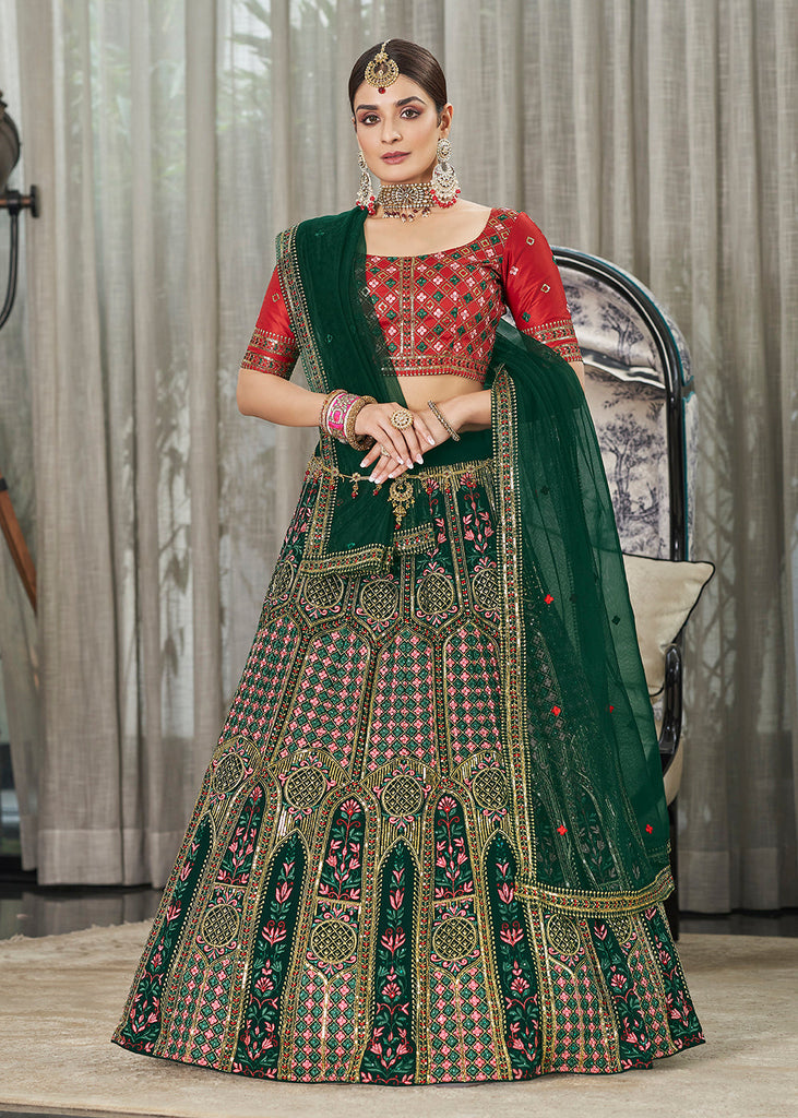 Dress Green And Red Lehenga Bridal Embroidered Mehndi Dress In Dark Green Lehenga Choli Style Dress Green And Red Lehenga Bridal Embroidered Mehndi Dress In Dark Green Lehenga Choli Style