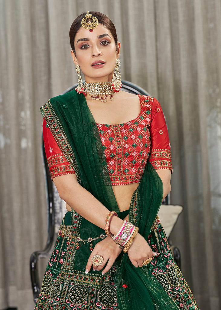 Rose gold bridal lehenga with red and green hints – Ricco India