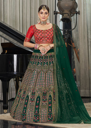 Green & Red Multi Sequins & Thread Wedding A Line Lehenga Clothsvilla